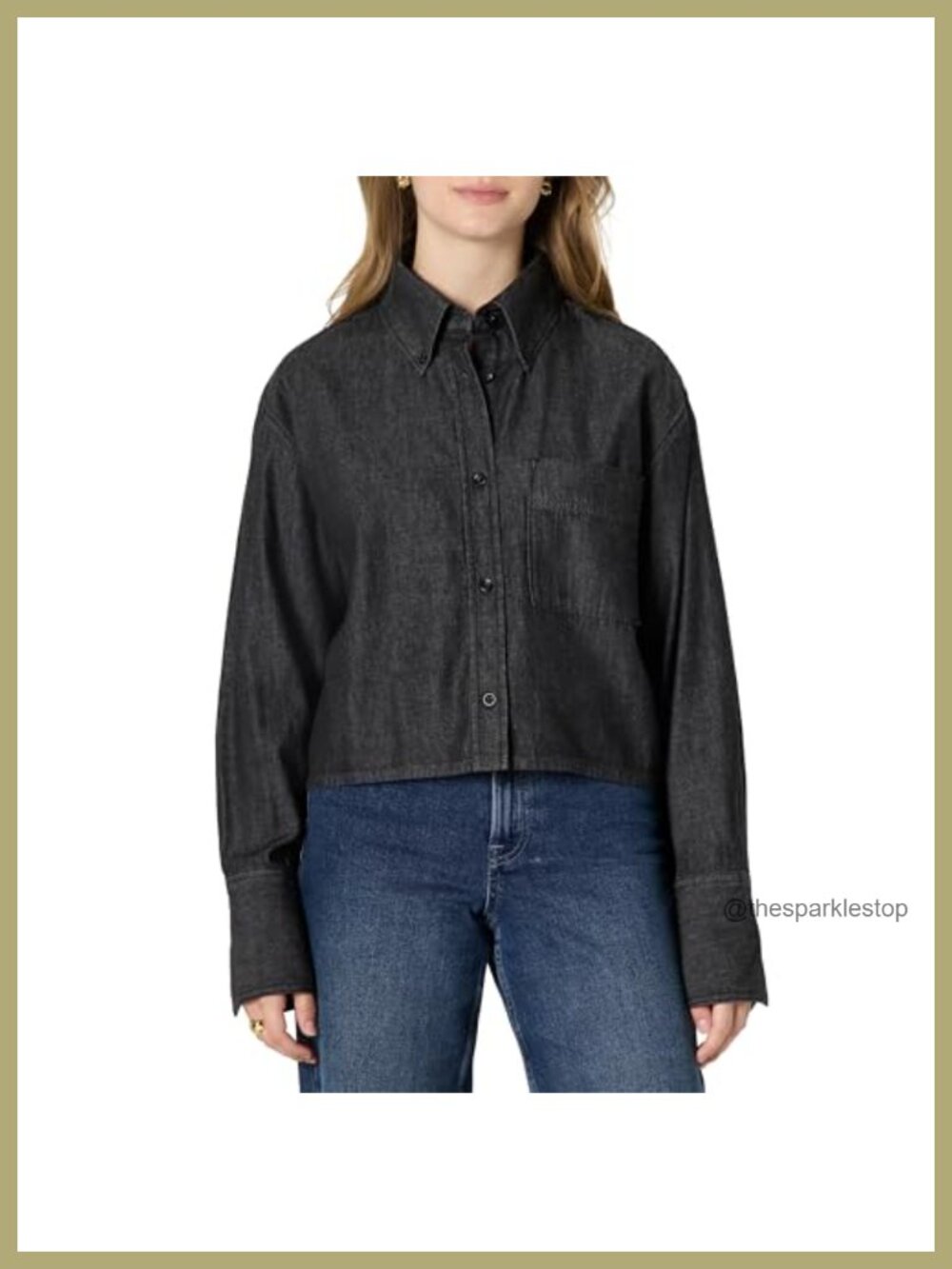 Oversized Cropped Denim Chambray Button-Down Shirt